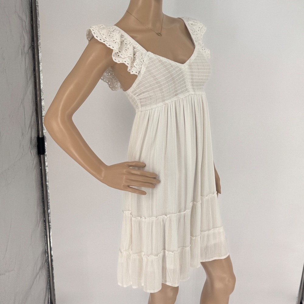 White w/ Metallic Thread Smocked Eyelet Ruffle Sleeve Tiered Mini Dress Small - Picture 3 of 16